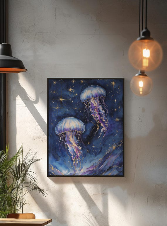 Poster Starry Jellyfishabstract Cosmic Ocean Art Print Blue Gold Watercolor Sea Life Illustration