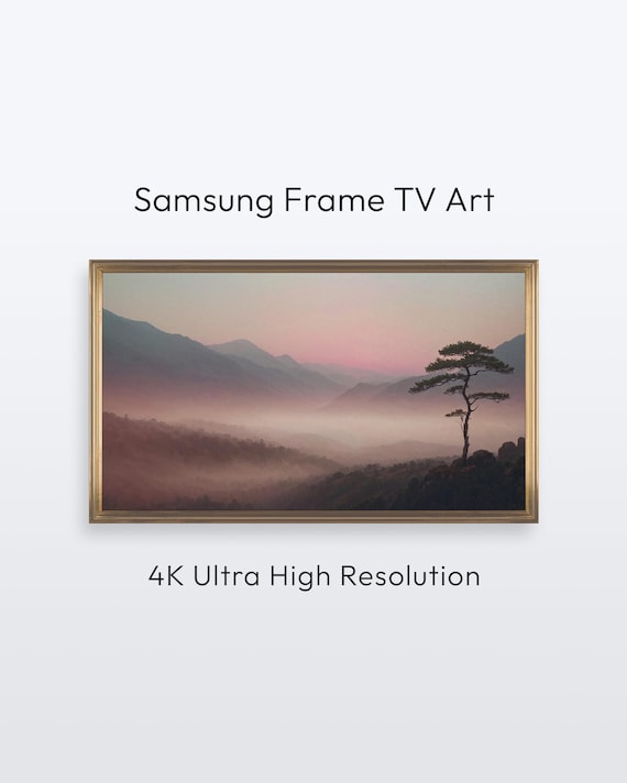 Lone Pine Tree in Misty Pink Sunrise Mountains Minimalist Landscape Poster