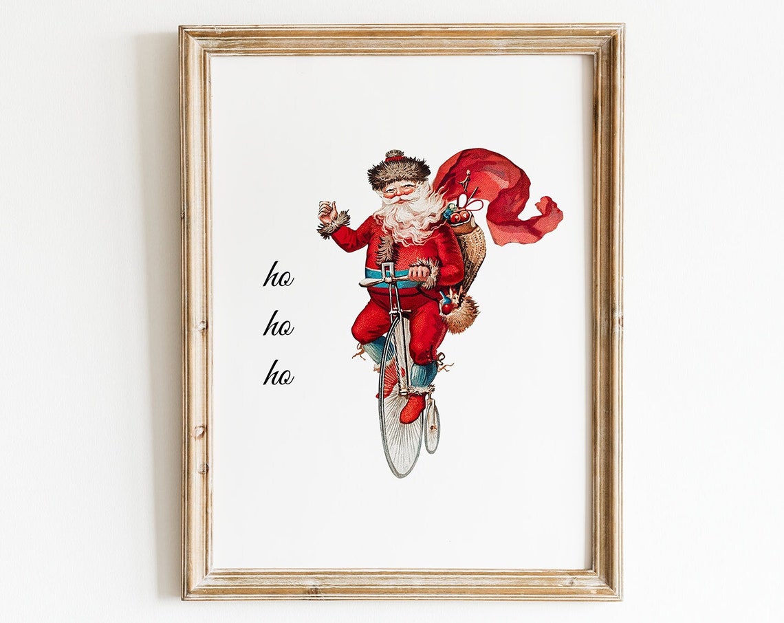Vintage Santa Riding Penny Farthing Bike Ho Ho Ho Christmas Print - Image 5