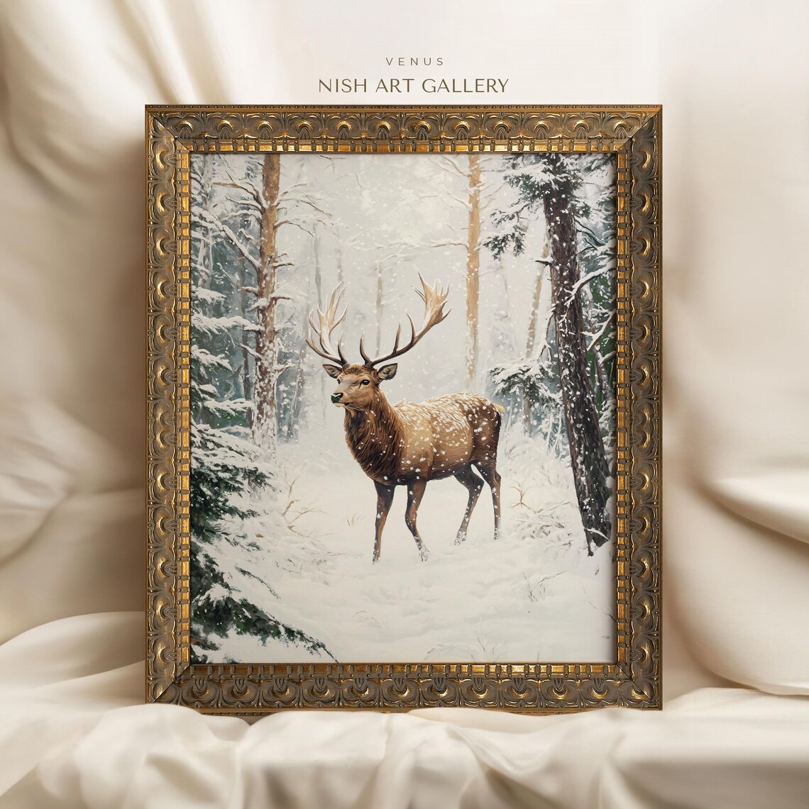 Christmas Deer Art Print, Winter Forest Decor