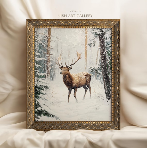Christmas Deer Art Print, Winter Forest Decor