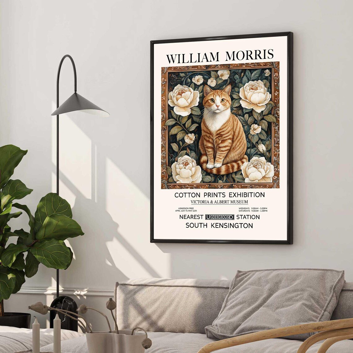William Morris Cat Roses Print Vintage Cat Wall Decor Cat Lovers Cat Mom Gift Cat Wall Art Luxury British Exhibition Poster Living Room - Image 2