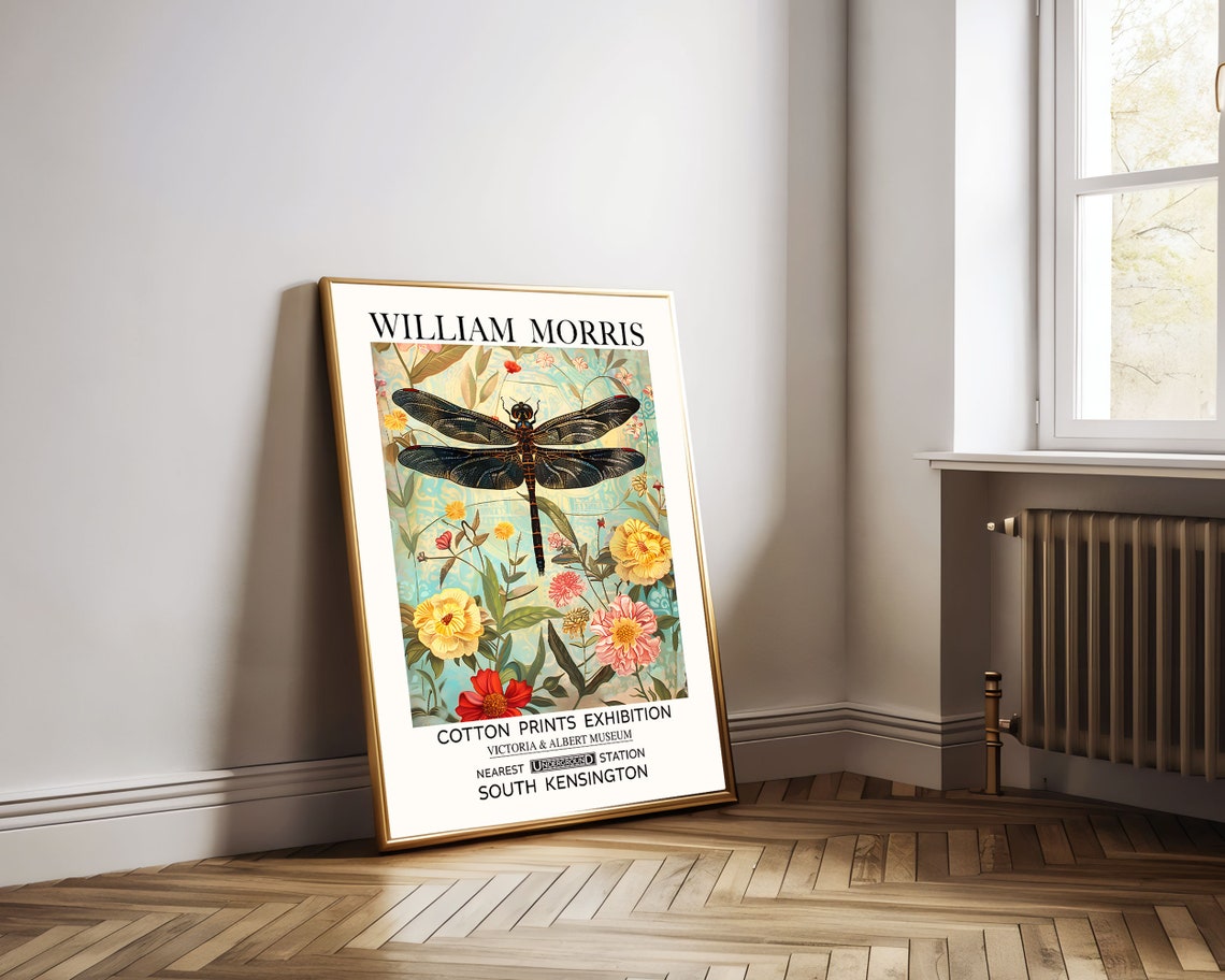 William Morris Dragonfly Print Blue Pink Vintage Flower Print Vibrant Dragonfly Exhibition Poster Living Room Print Classic Textile Print - Image 2