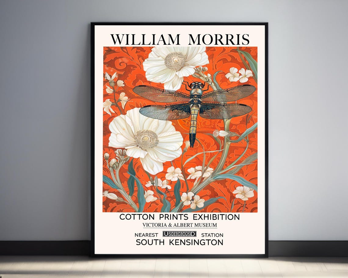 William Morris Dragonfly Orange Floral Exhibition V&A Poster