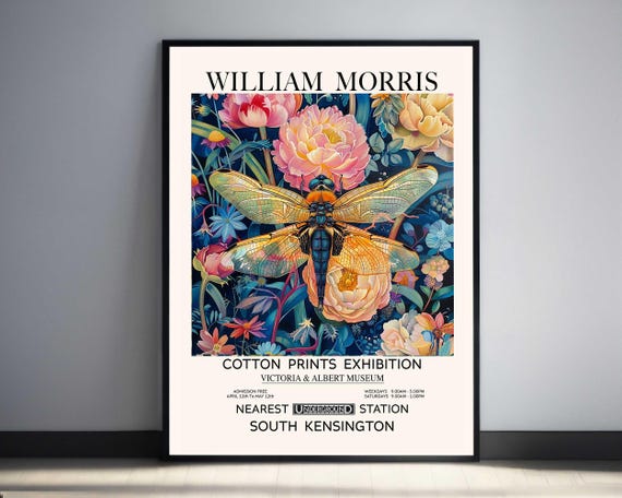 William Morris Dragonfly Print Pink Flower Print Vintage Wall Art Antique Botanical Illustration Vibrant Classic Home Decor Art Nouveau Gift