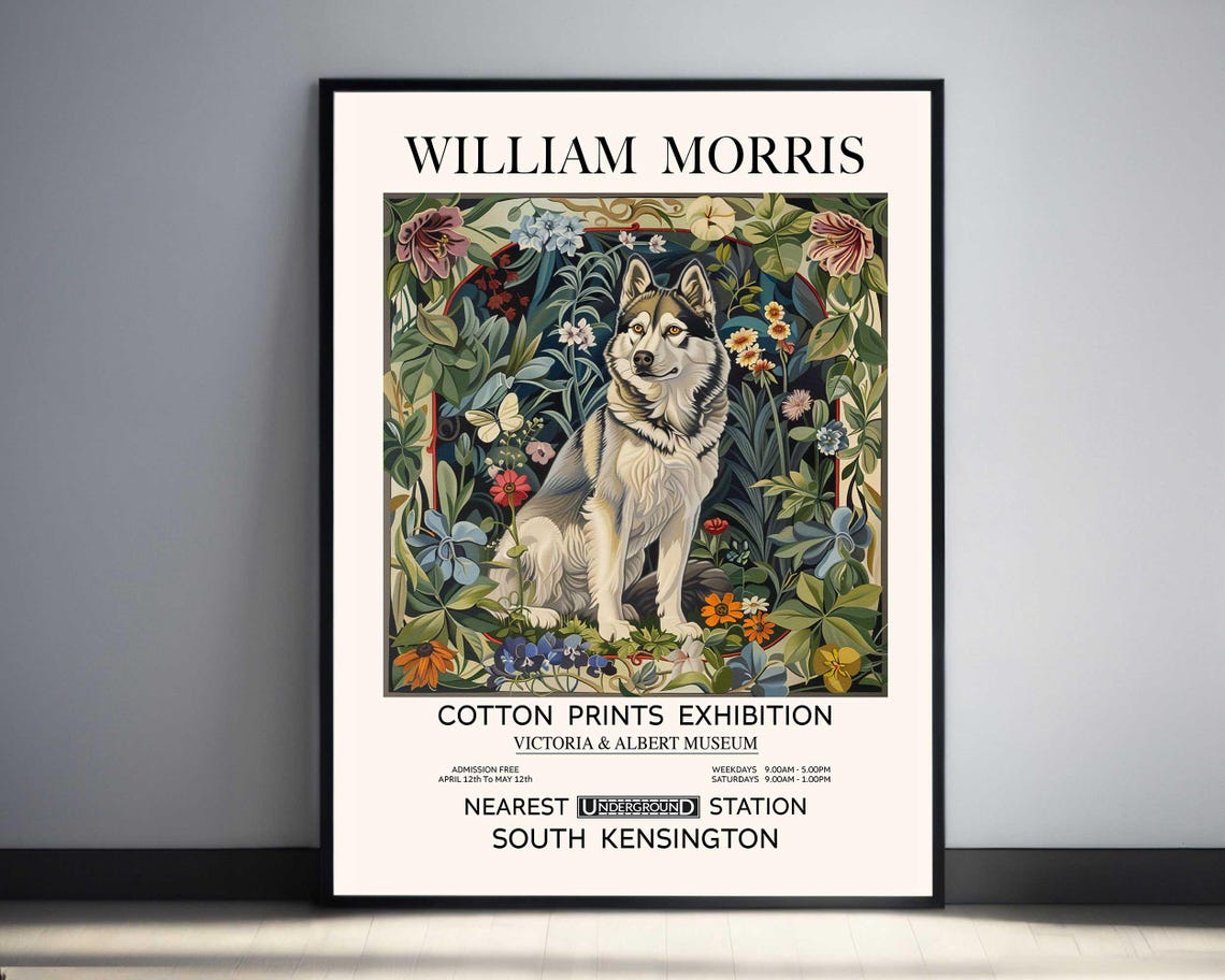 William Morris Standing Husky Dog Floral Exhibition Vintage Poster