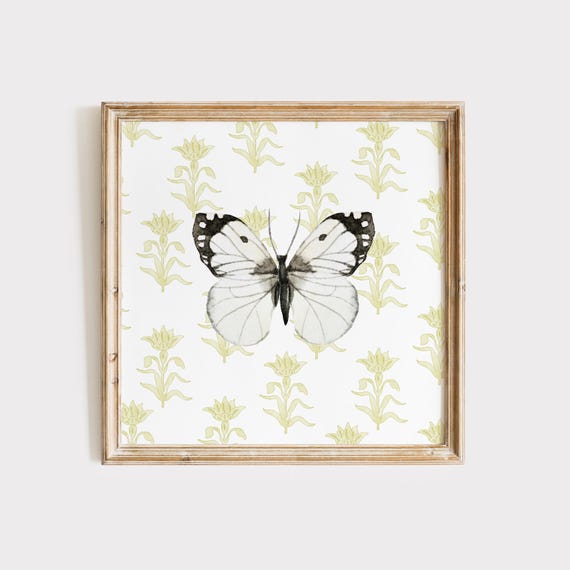 Chartreuse Watercolor Butterfly Square Print Wall Art Trendy Decor Floral Illustration Living Room Art Print Square Print