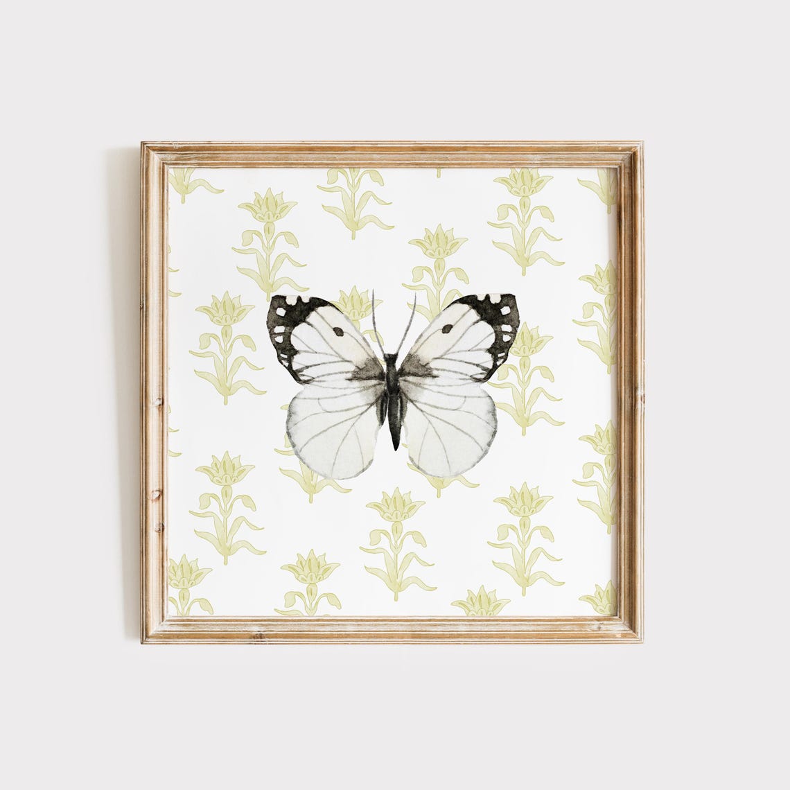 Delicate White Butterfly on Chartreuse Floral Pattern Poster