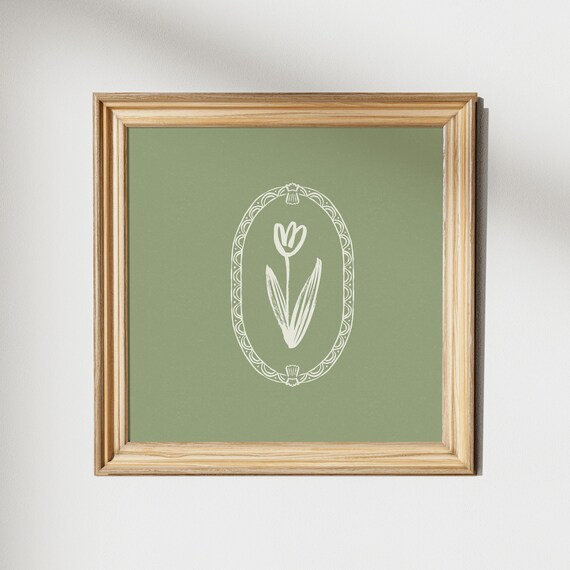 Sage Green White Tulip Line Art Oval Frame Nursery Decor Poster