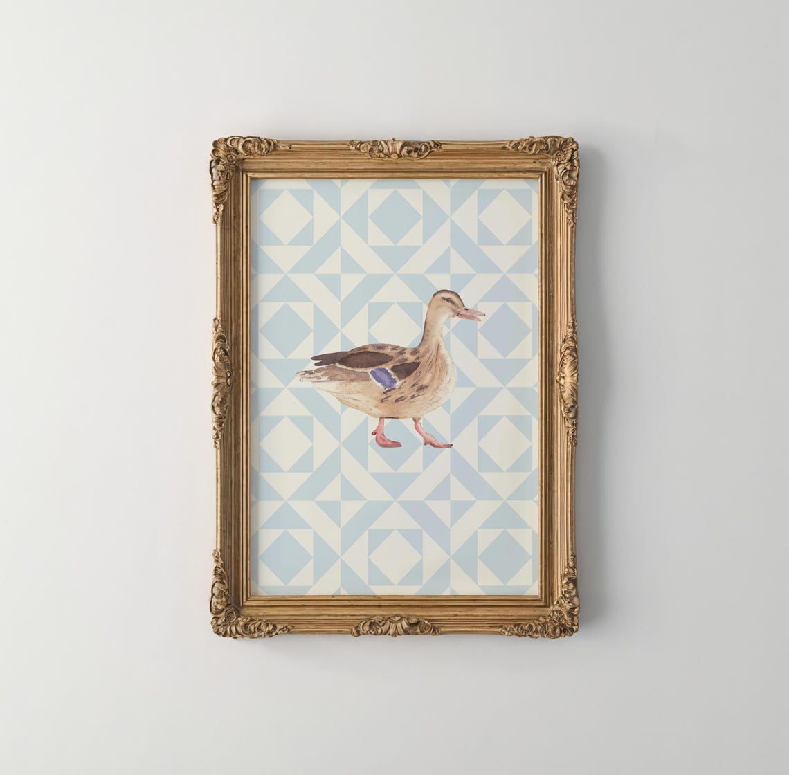 Female Mallard Duck Blue Quilted Pattern Watercolor Nursery Poster - Image 4