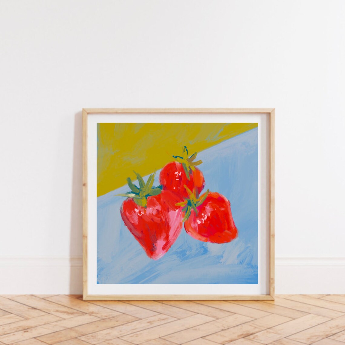 Red Strawberries Painterly Still Life On Blue Yellow Canvas Poster - Image 2