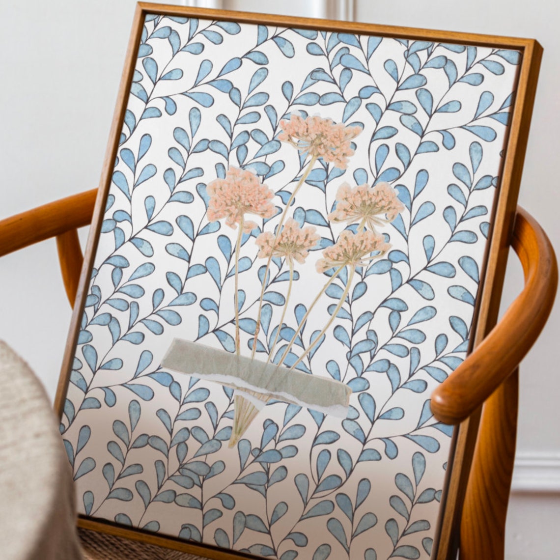 Blue Leaf Vine Pattern With Taped Blush Floral Collage Poster - Image 3