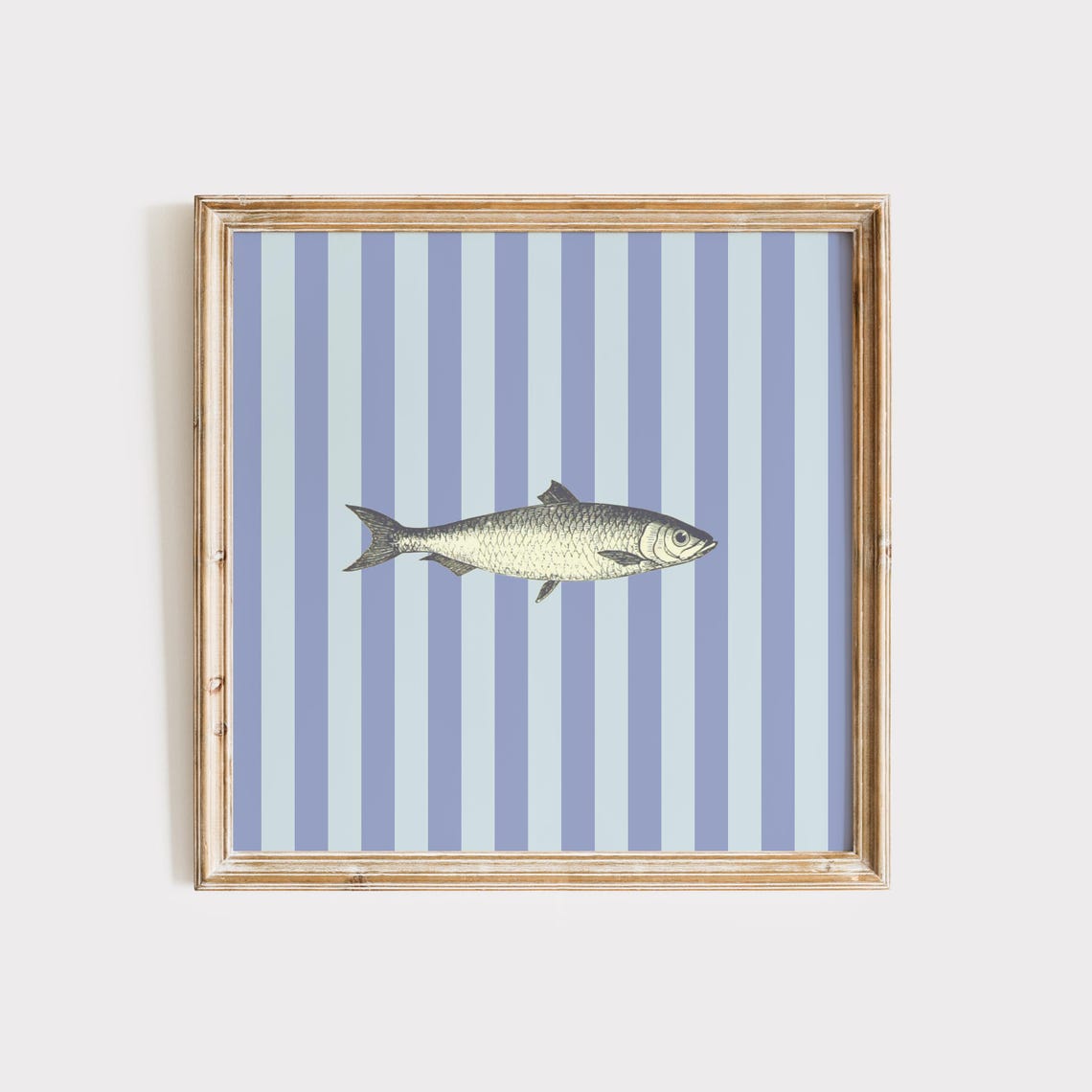 Blue Striped Vintage Fish Engraving Poster Coastal Kitchen Decor