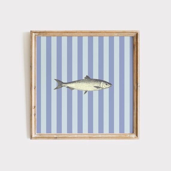 Blue Striped Minimal Fish Print Instant Wall Art Trendy Decor Living Room Art Cottage Coastal