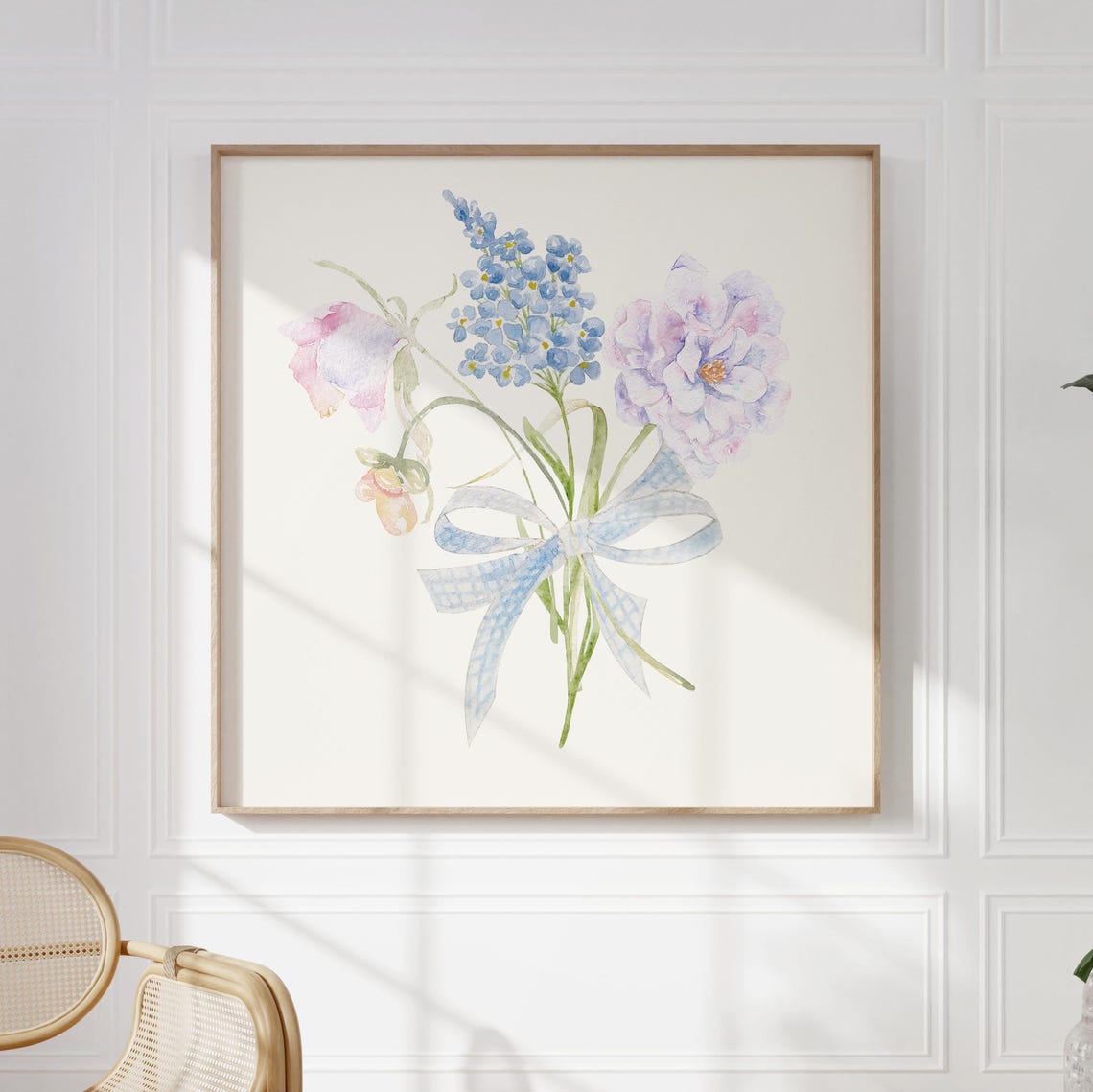 Pastel Wildflower Bouquet With Gingham Bow Watercolor Art Print - Image 2