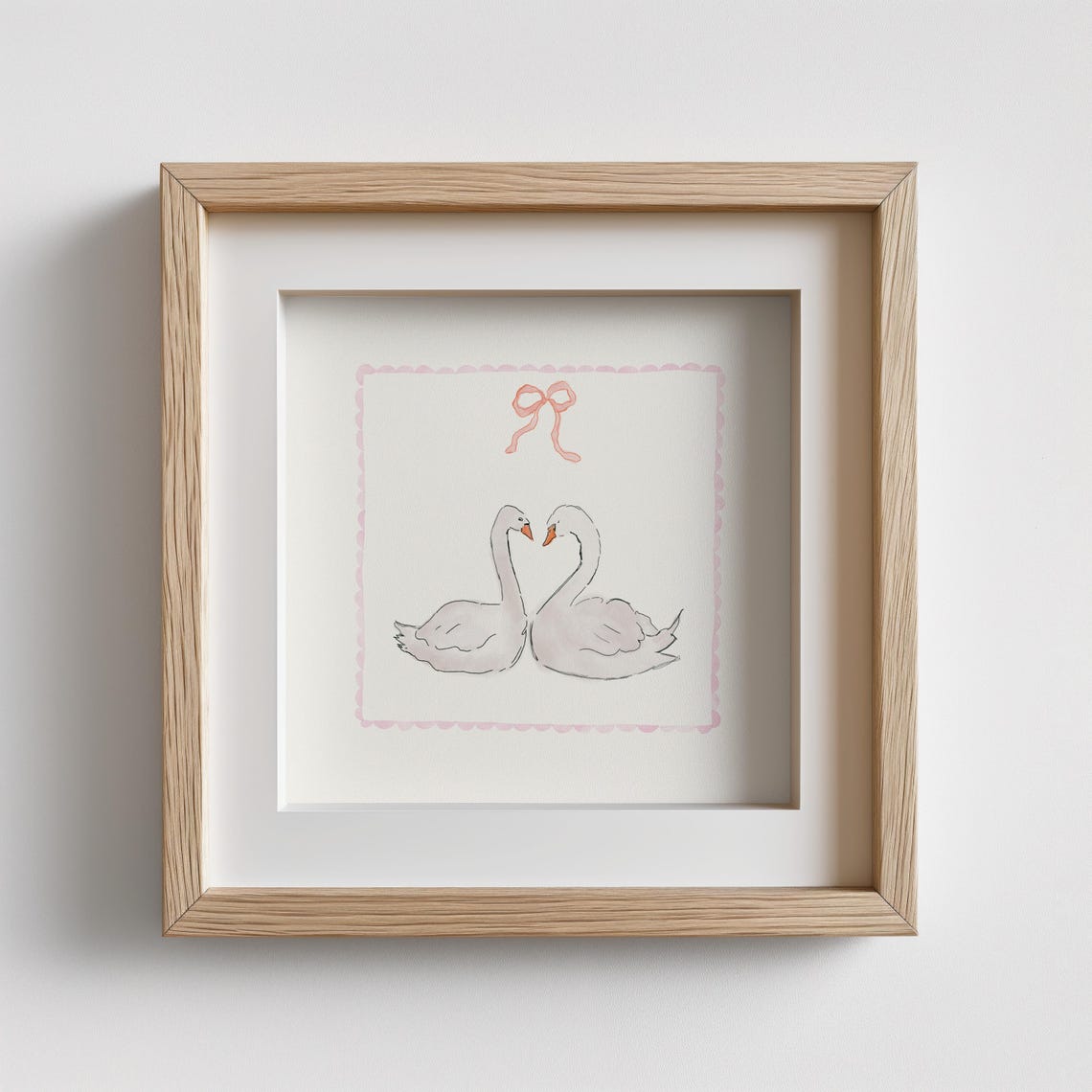 White Swan Pair Pink Bow Scalloped Border Romantic Watercolor Poster - Image 5