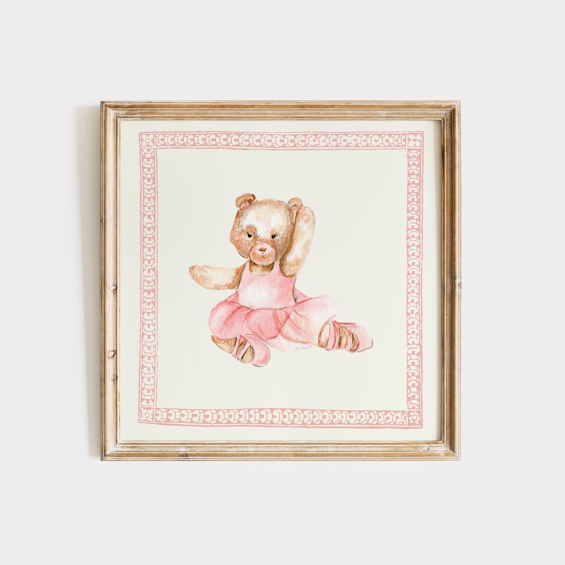 Teddy Bear Ballerina Tutu Watercolor Pink Border Nursery Wall Art