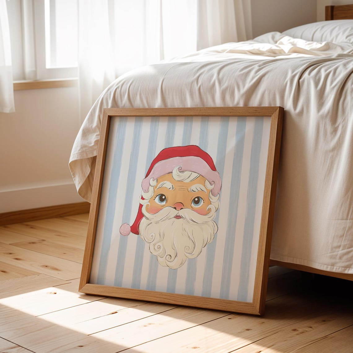 Whimsical Santa Claus Face Blue Striped Square Christmas Poster - Image 5