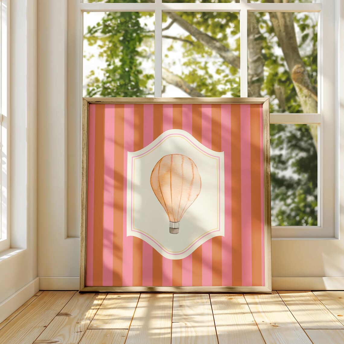 Peach Hot Air Balloon Watercolor Pink Striped Nursery Wall Art Print - Image 4
