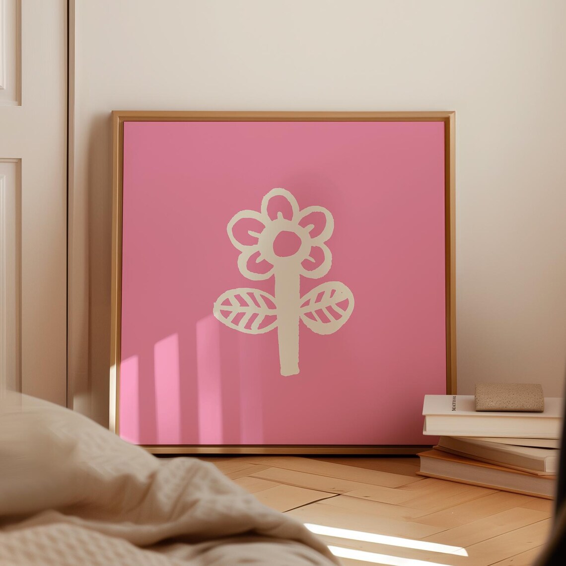 Pink Floral Doodle White Flower Square Minimal Nursery Wall Art Poster - Image 2