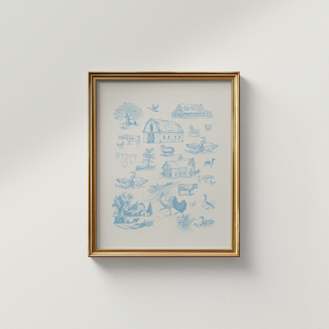 Blue Farm Life Toile Barn Animals Cottage Illustration Poster - Image 2
