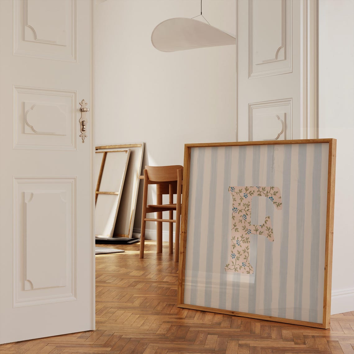 Floral Chintz Letter F Monogram Initial Blue Striped Wall Poster - Image 2