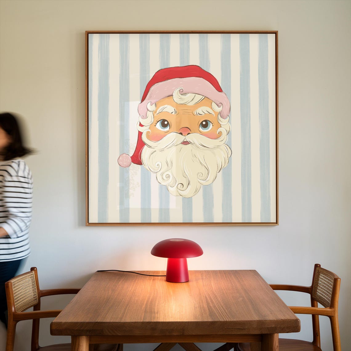 Whimsical Santa Claus Face Blue Striped Square Christmas Poster - Image 3