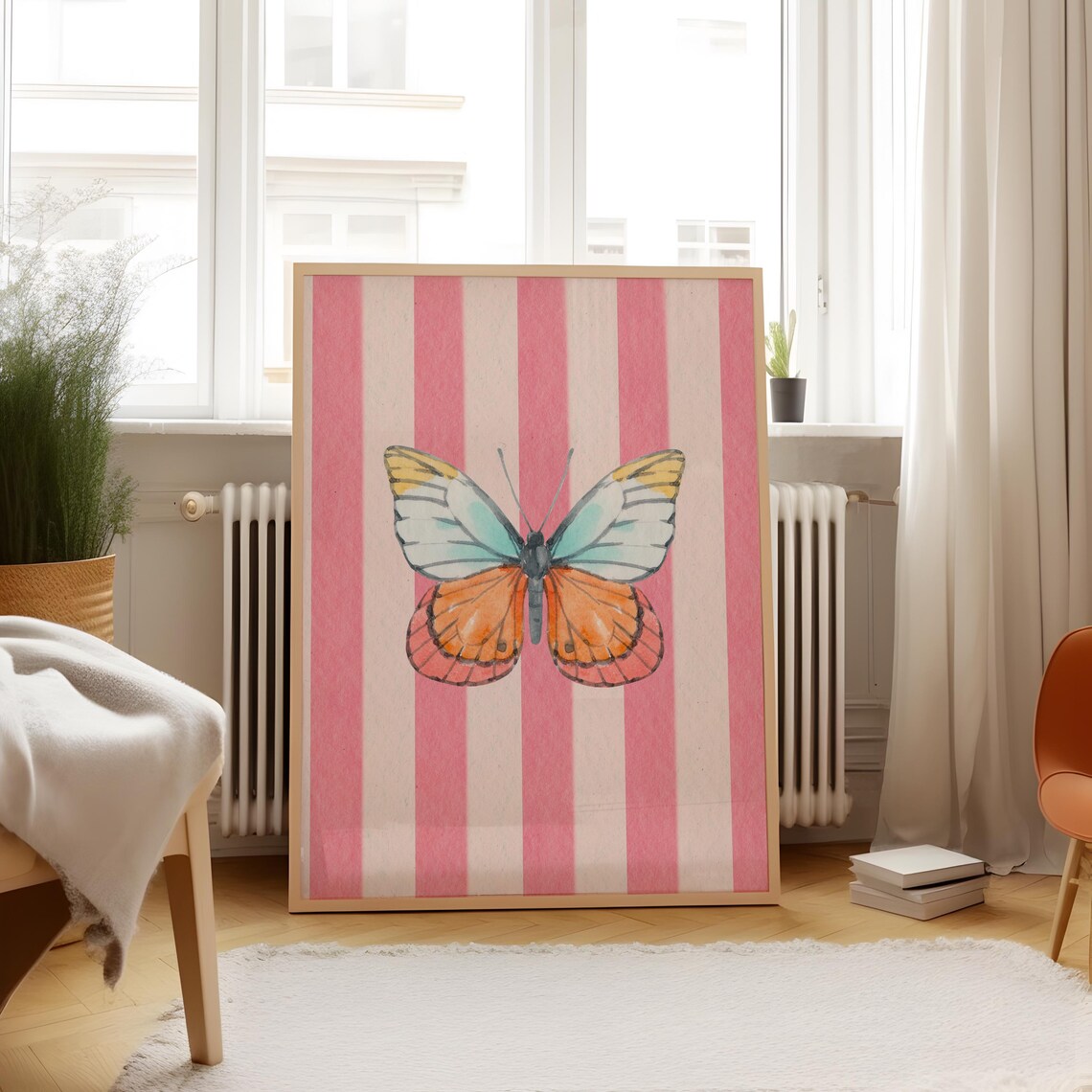 Pink Striped Butterfly Vertical Art Print, Vintage Cottage Decor