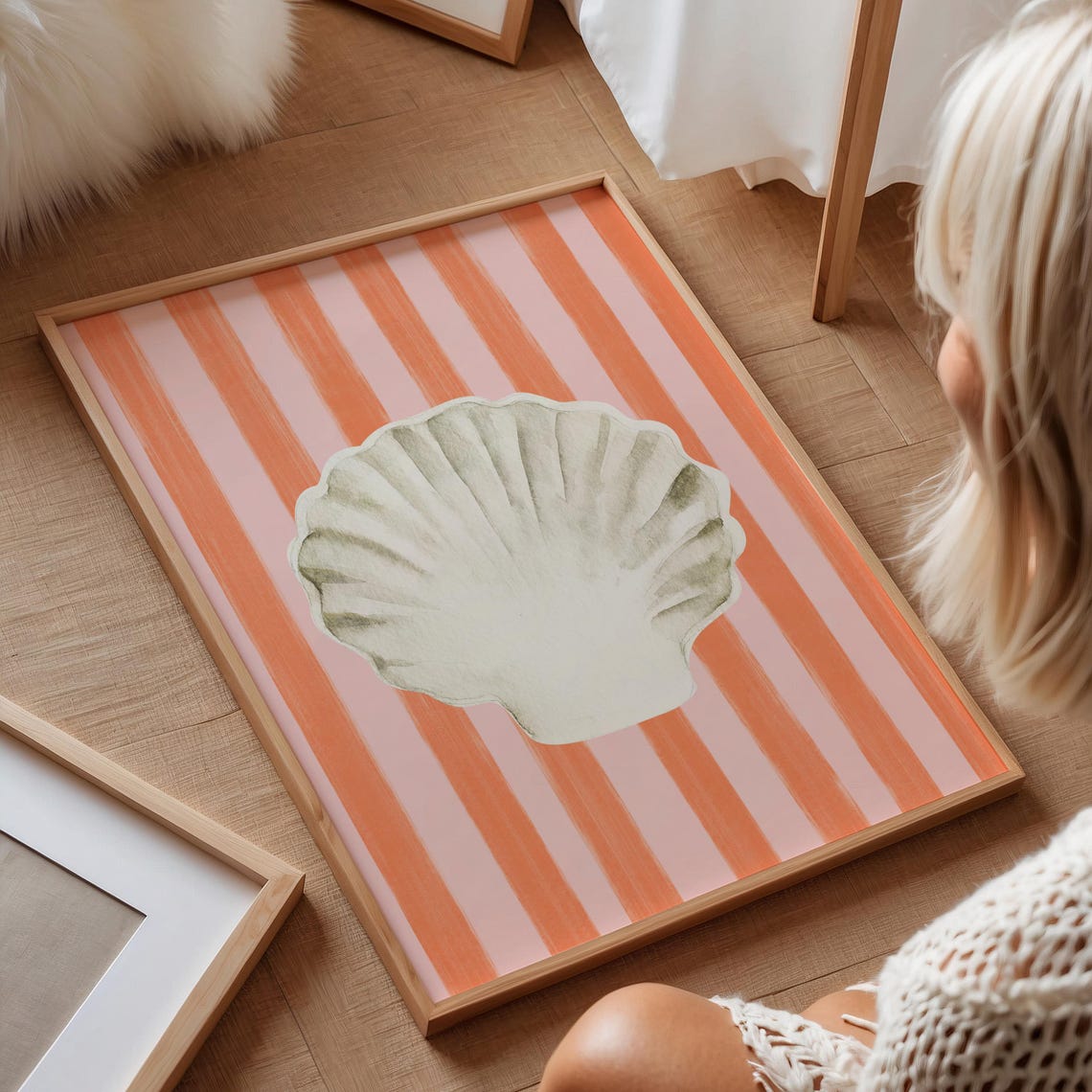 White Scallop Seashell Pink Stripe Coastal Art Print Beach Poster - Image 2