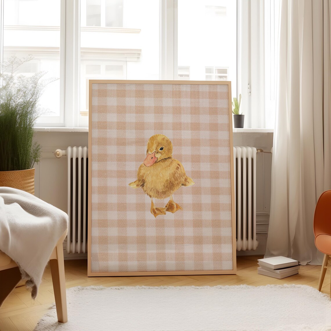 Peach Gingham Yellow Duckling Watercolor Farmhouse Nursery Poster