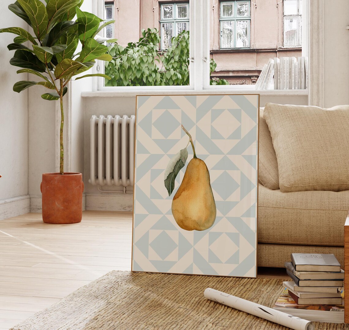 Blue Quilted Pear Illustration, Kitchen Decor - Image 4