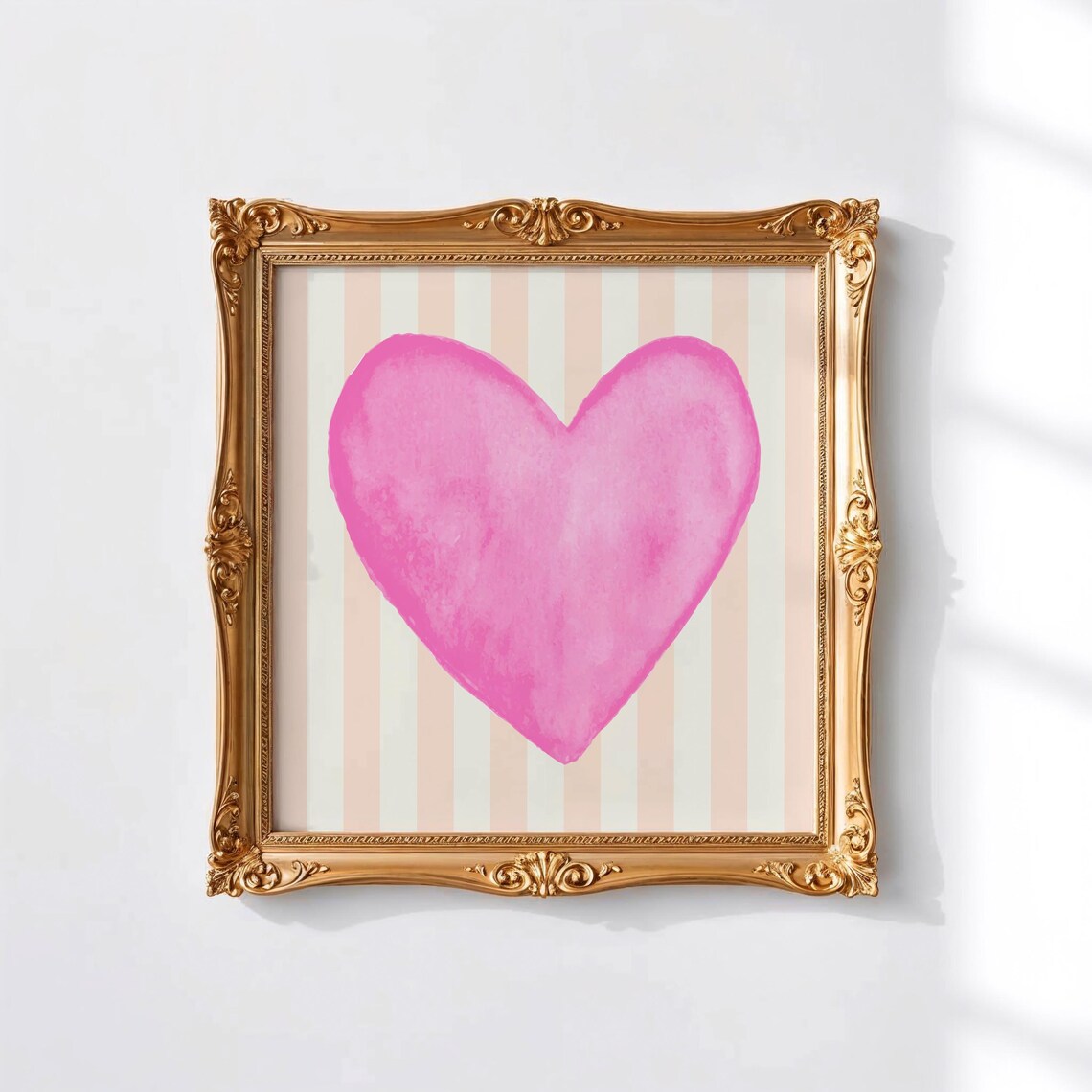 Bright Pink Watercolor Heart Peach Striped Valentine Wall Art Print - Image 5