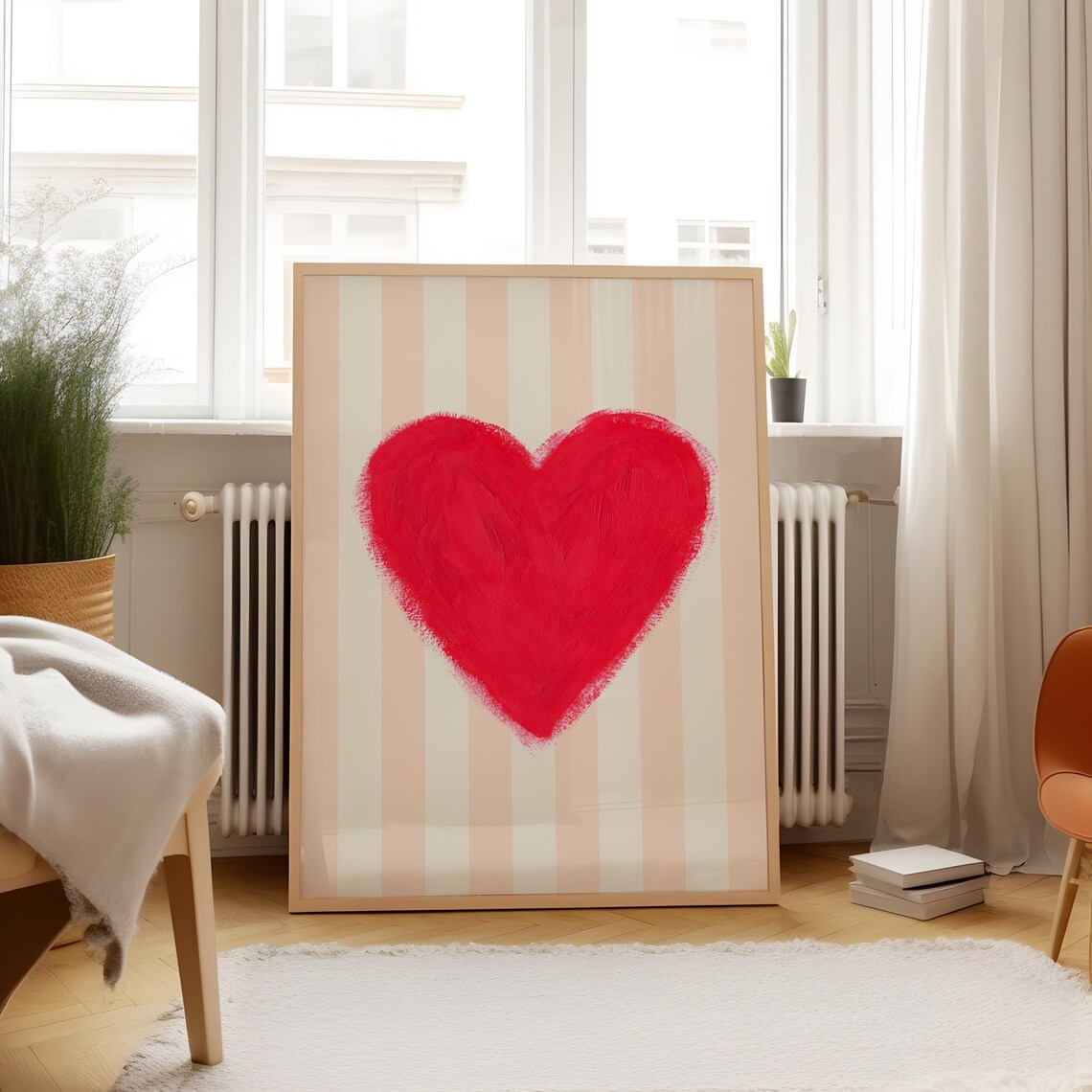 Red Watercolor Heart Pink Striped Background Valentine Love Poster - Image 5