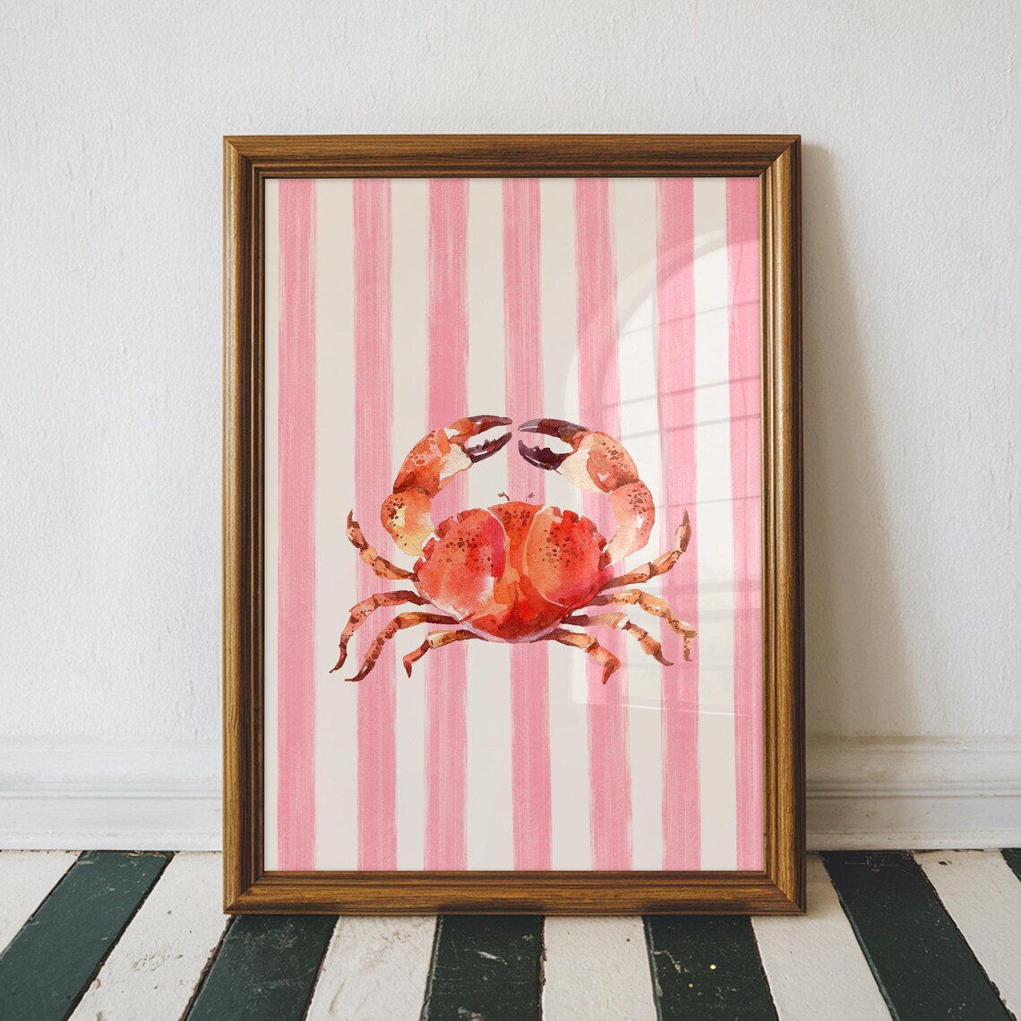 Red Watercolor Crab Pink Stripe Background Coastal Animal Art Poster - Image 3