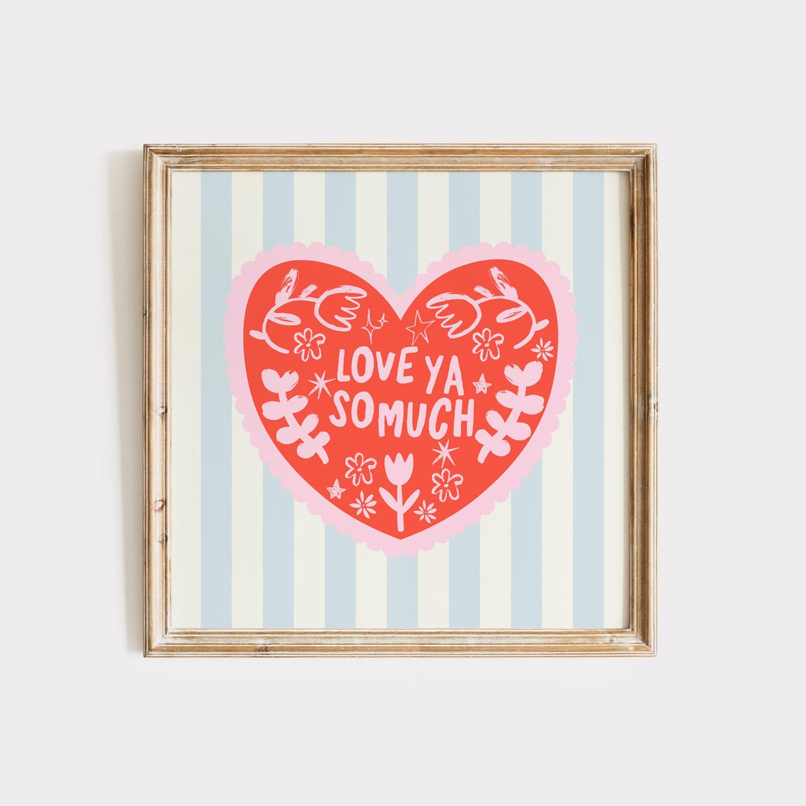 Coral Red Heart Love Ya So Much Blue Striped Valentine Wall Art Print