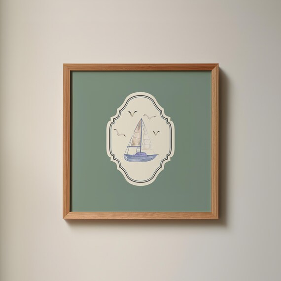 Sage Green Watercolor Sailboat Poster Coastal Nursery Decor Art
