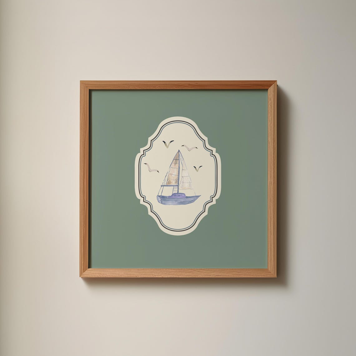 Sage Green Watercolor Sailboat Poster Coastal Nursery Decor Art