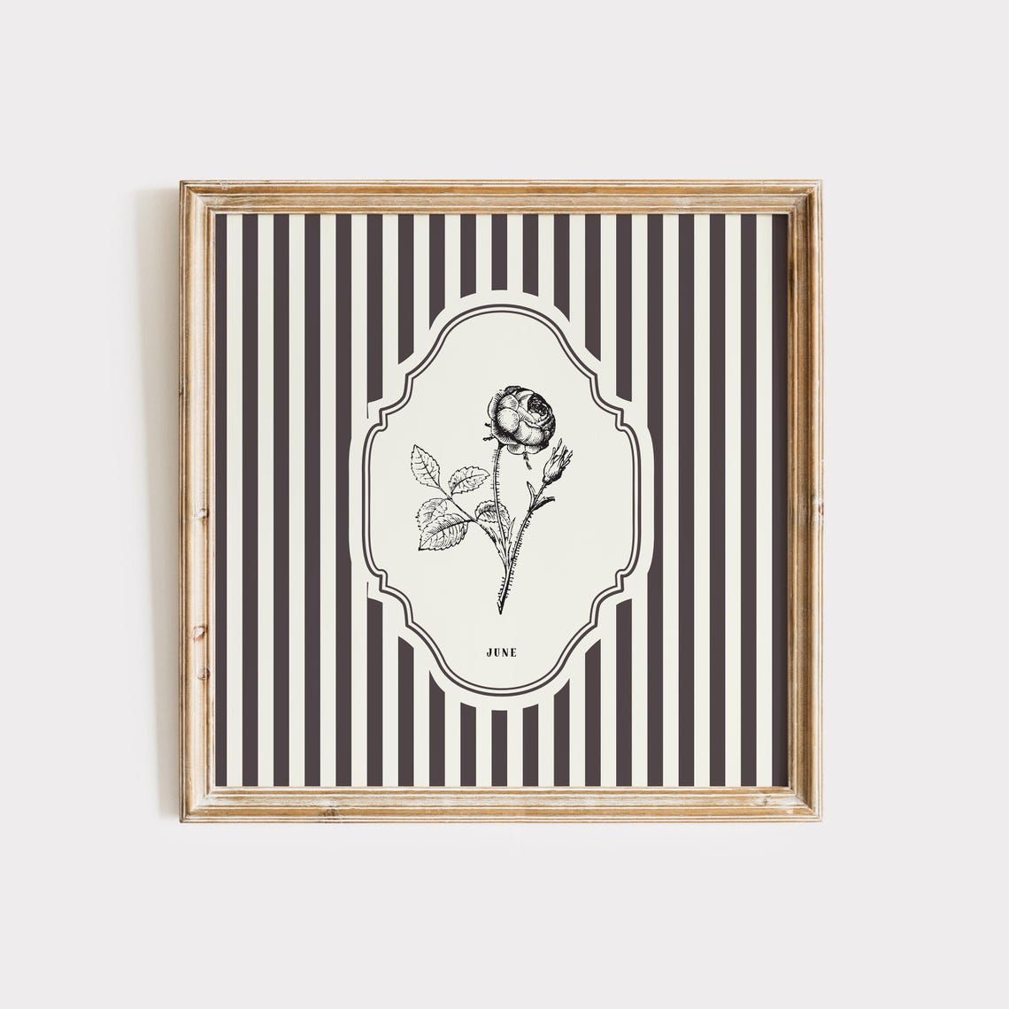 June Birth Month Rose Botanical Thin Line Art Striped Wall Print - Image 3