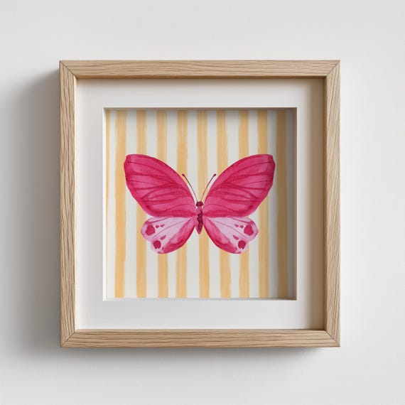 Peach Striped Watercolor Butterfly Print Wall Art Trendy Decor Illustration Kitchen Cottage Art Print