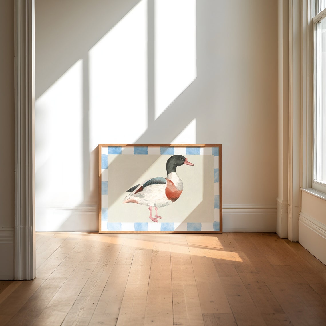 Painted Watercolor Duck on Blue Checkered Nursery Art Poster - Image 2