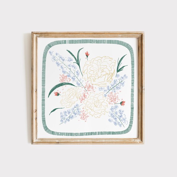 Delicate Floral Doodle Line Art Poster with Green Striped Border