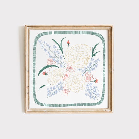 Floral Doodle Print Wall Art Trendy Decor Botanical Illustration Living Room Art Cottage Nursery Decor Vintage