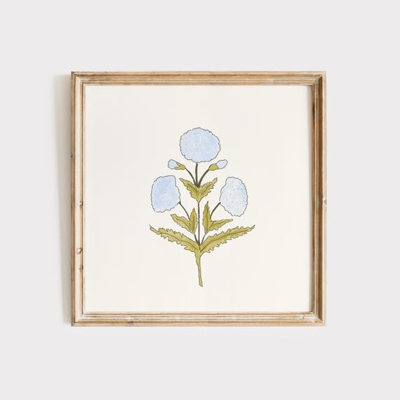 Blue Dahlia Stem Watercolor Print Wall Art Print Living Room Cottage Art Print Print Nursery Art Vintage Square