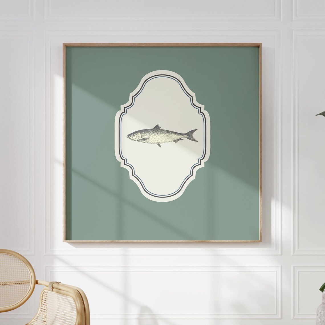 Sage Green Square Fish Engraving Ornate Coastal Vintage Poster - Image 5
