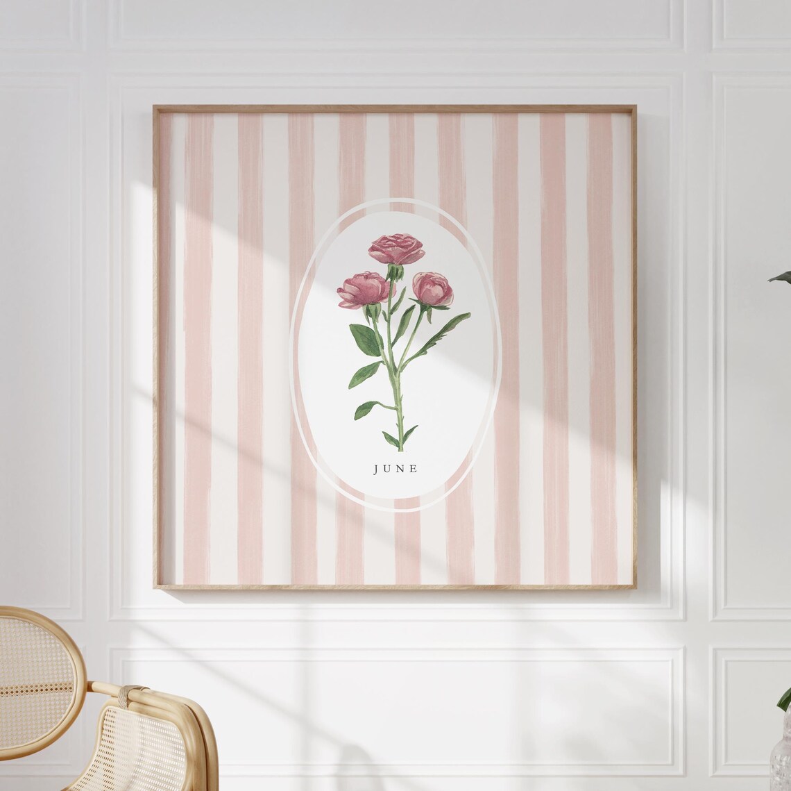 June Rose Birth Flower Pink Blossom Striped Botanical Art Poster - Image 2