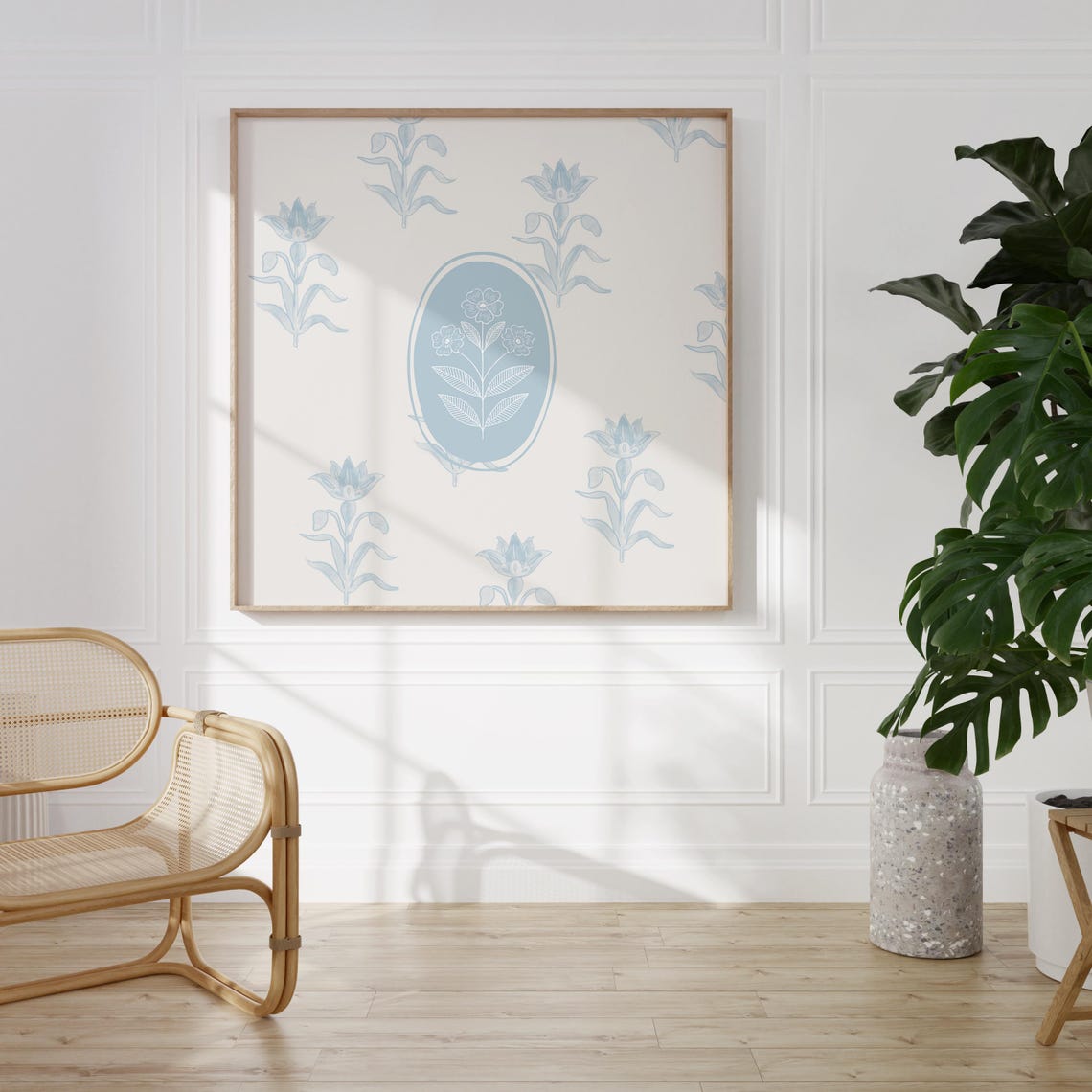 Light Blue Floral Pattern with Oval Botanical Medallion Poster - Image 2