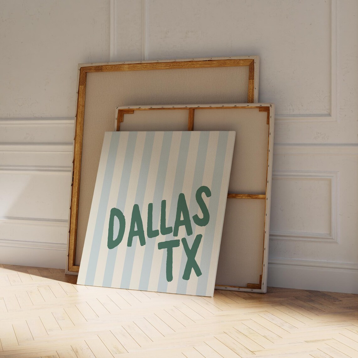 Dallas TX Dark Green Letters Blue Striped City Name Square Wall Art - Image 4