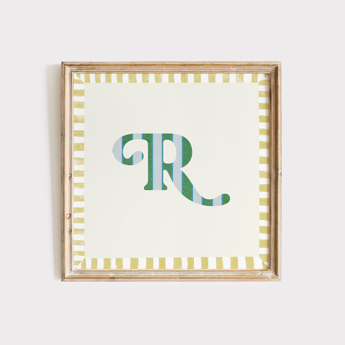 Swash Letter R Green Blue Striped Monogram Cream Framed Art Print