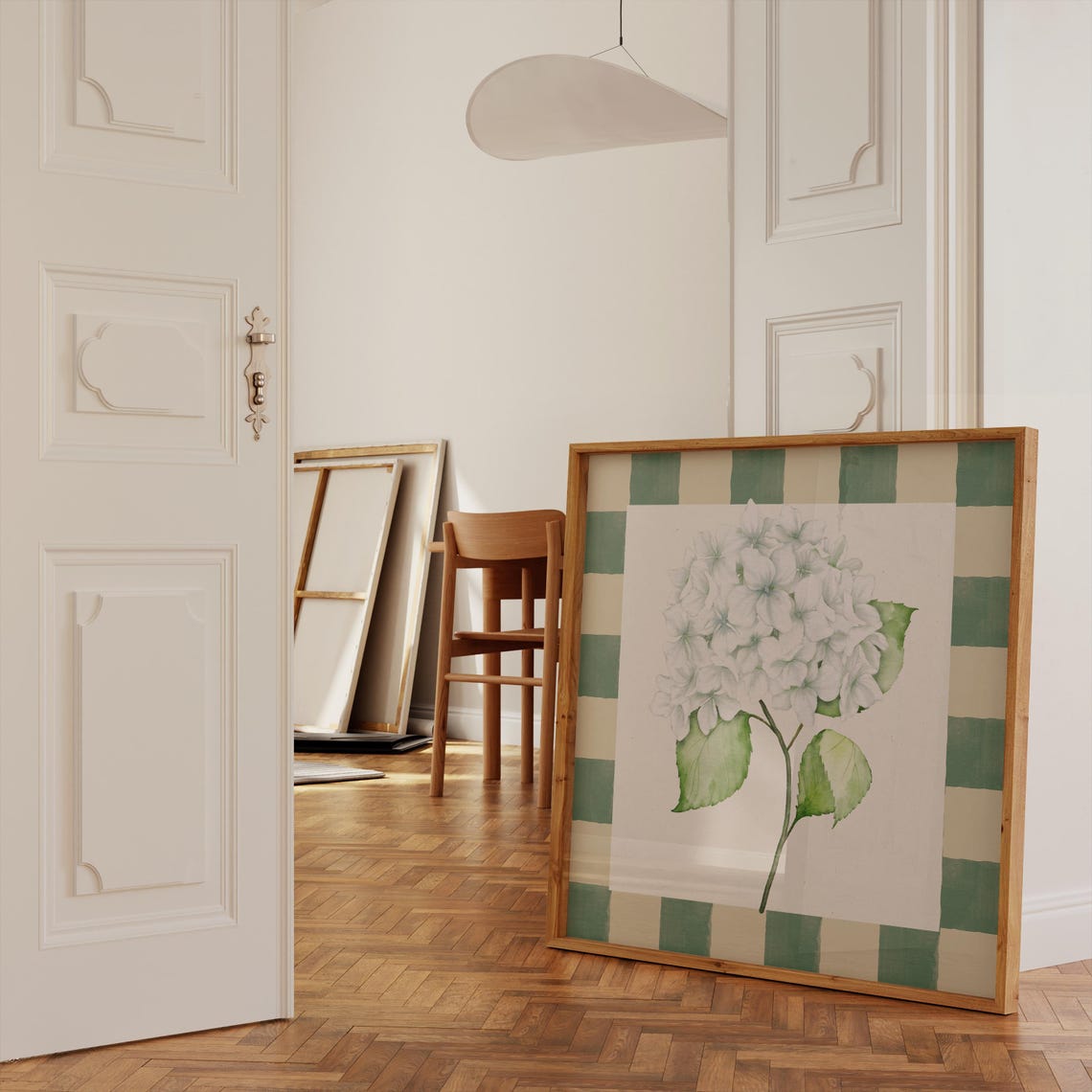 White Hydrangea Watercolor Bloom with Green Gingham Border Print - Image 2