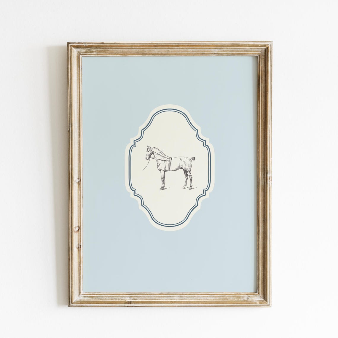 Vintage Horse Line Drawing Baby Blue Ornate Vertical Nursery Poster